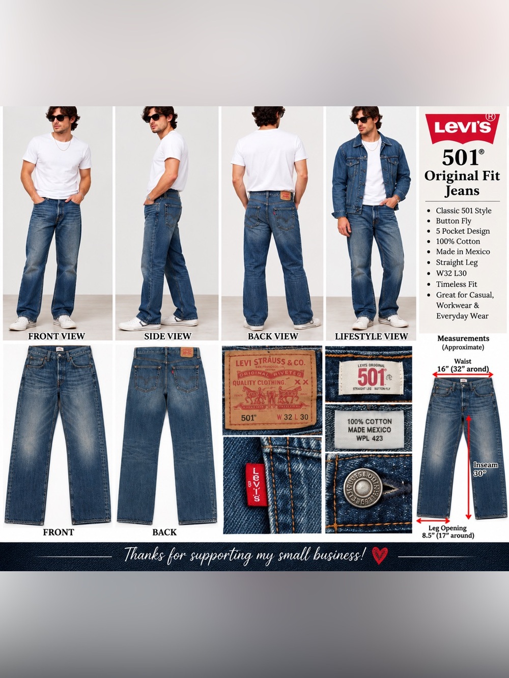 Levi’s 501 Original Fit Jeans Men’s 32x30 Blue Denim Button Fly 100% Cotton